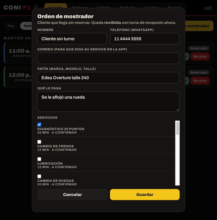 Cliente sin turno: orden de mostrador